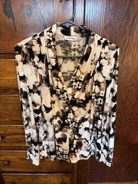 Calvin Klein Cream, Black & Brown Abstract V-Neck Long Sleeve Top